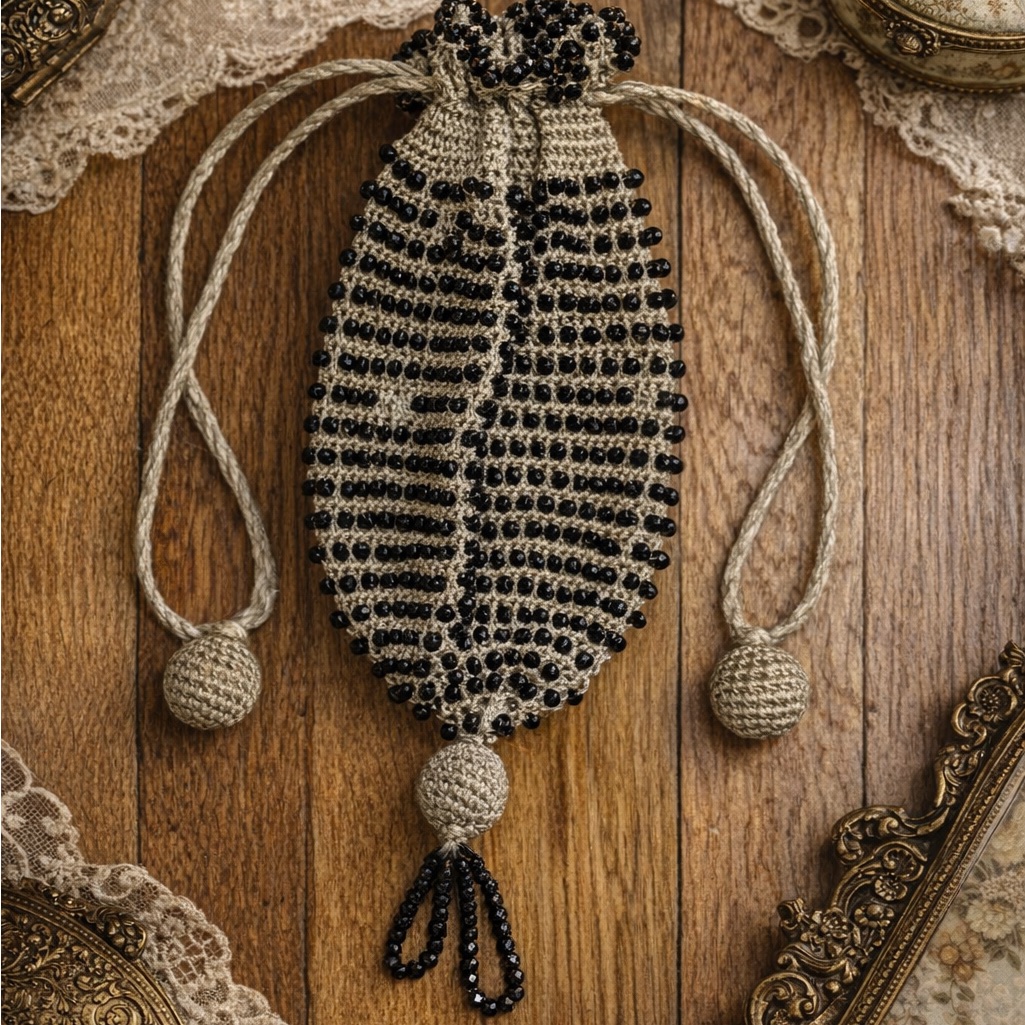 Black Tan Victorian Era Beaded Draw String Purse Wristlet Vintage